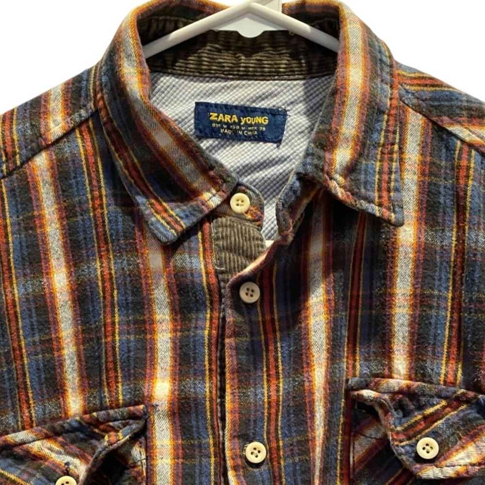 Zara Young Plaid Button Down Shirt Medium Men's Orange Blue Corduroy Trim Casual
